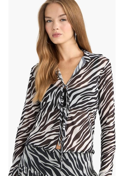Defacto Fitted Polo Yaka Zebra Desenli Önden Bağlamalı Tül Bluz G2379ax25auwt32 Beyaz