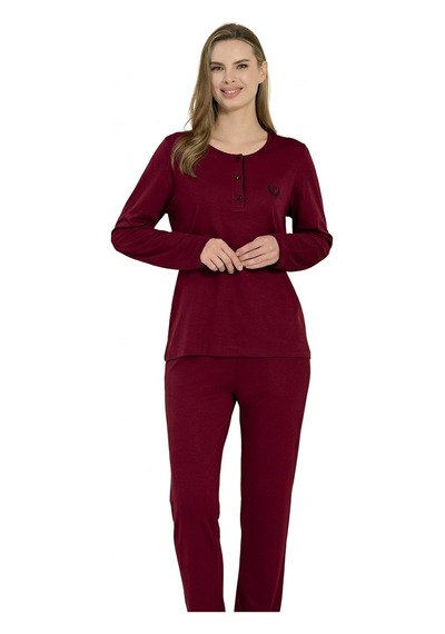 Feyza Pijadore Kadın Üç Düğmeli Uzun Kollu Mevsimlik Pijama Takımı 2208 Bordo