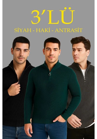 Erkek Fitilli Triko Kazak 3 Lü Set Haki Siyah Antrasit Kalın Dokuma Pamuklu Regular Fit V