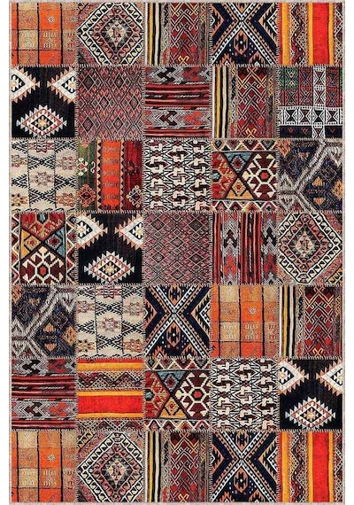 Turuncu Patchwork Kaymaz Tabanlı Dekoratif Halı Ar750n11
