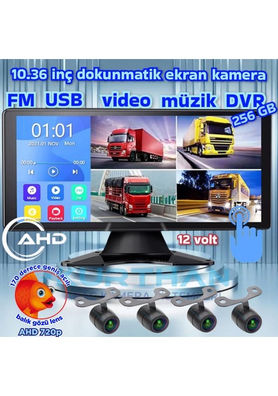 4 Adet Balık Gözü Lens Ahd 720p 170'' Kamera 10.36'' Dokunmatik Ekran Video Müzik Dvr 256 Gb 12 V