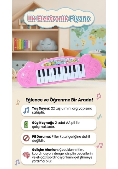Küçük Elektronik Piyanom Sesli Pilli 22 Tuşlu Taşınabilir Eğlenceli Oyuncak Piyano Pembe