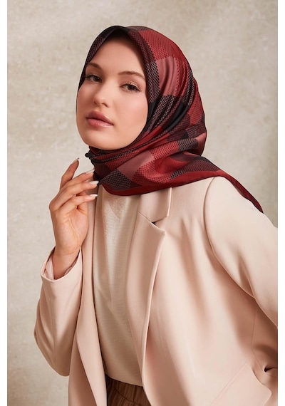 Levidor Noktalı Kareli Bask. Twill İpek Eşarp-0934 Bordo