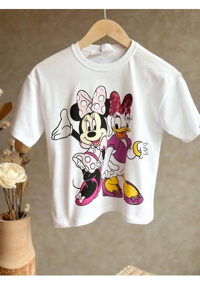 Kız Çocuk Mickey Modelli Pamuk Tişört Beyaz