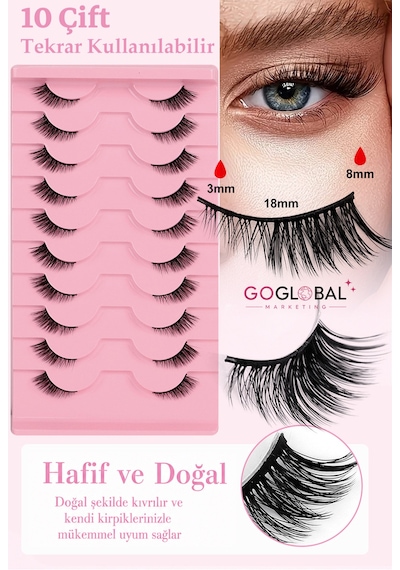 10 Çift Doğal Takma Kirpik Seti Hafif Bütün Kirpik 3-8 Mm Günlük Kullanım Tekrar Kullanılabilir