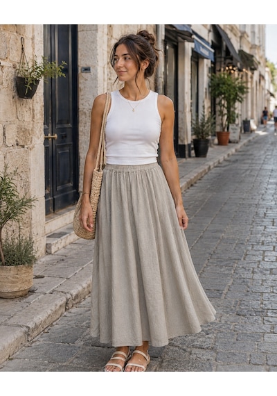 Eren Style İtalyan Beli Lastikli Kloş Etek Bej