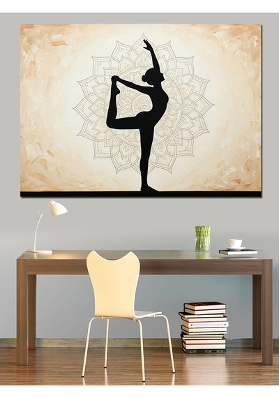 Yoga Yapan Kadın Silüeti Lotus Deseni Arka Plan Dekoratif Kanvas - Mdf Ahşap Tablo