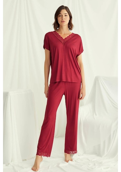 Monamise 18495 Kadın V Yaka Kısa Kollu Pijama Takımı-kırmızı Kırmızı