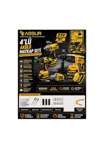 Assur Asr1192 Profesyonel Akülü Kömürsüz 4 Lü Matkap Seti 21v 3ah - 800nm Somun Sökme, 26mm Kırıcı Delici, 13mm Darbeli Vidalama, 125mm Avuç Taşlama Sarı