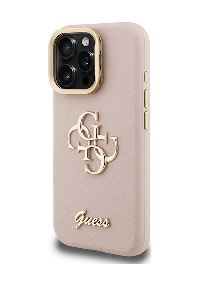 Apple iPhone 15 Pro Uyumlu Kılıf Guess Lisanslı Grained Yazı Logolu Kamera Standlı Kapak Pembe