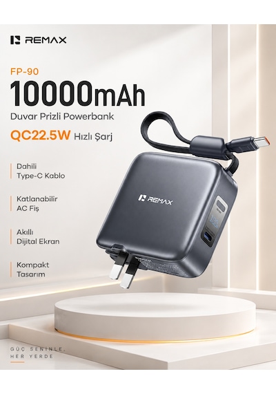 Remax Cloudatlas 10000mah 22.5w Dahili Type-c Kablolu & Katlanır Fişli Powerbank Adaptör Fp-90 Mat Gri Koyu Gri