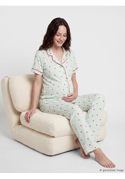 Lcw Dream Ekru Gömlek Yaka Çilek Baskılı Hamile Pijama Takımı