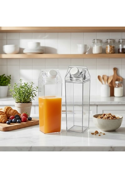 4 Lü Set 1000 Ml Şeffaf Süt Kutusu Tasarımlı Akrilik Matara - Buzdolabı İçi Düzenleyici Şişe