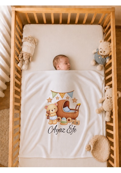 Pia Baby İsme Özel Erkek Bebek 4 Parça Tulum Seti %100 Pamuk Organik Baskılı Battaniyeli 2018bt0x Krem