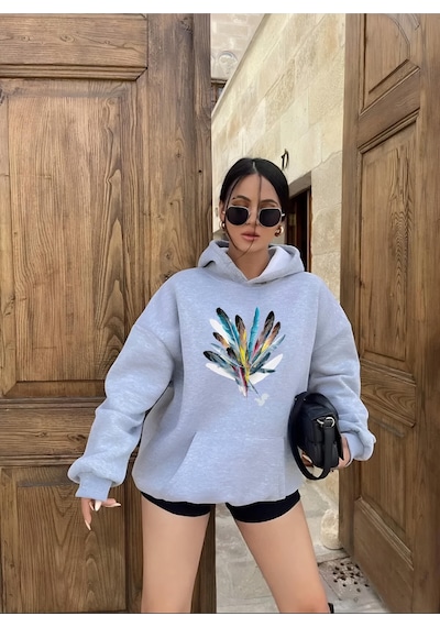 Startmore Tüy Renkli Baskılı Kapişonlu Sweatshırt Gri