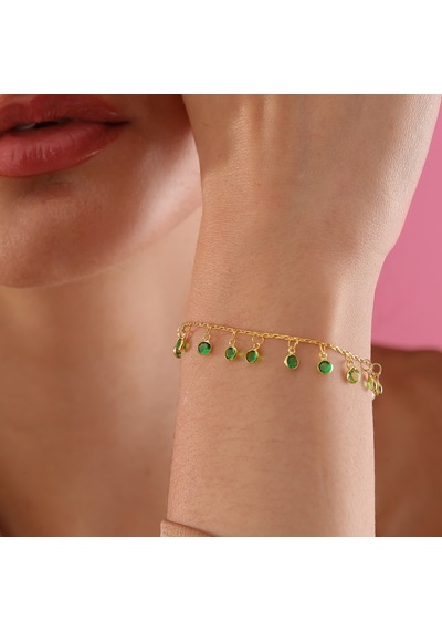 Queen Silver Jewelry 925 Ayar Gümüş Ful Sallantılı Yeşil Renk Geçişli Bileklik Altın
