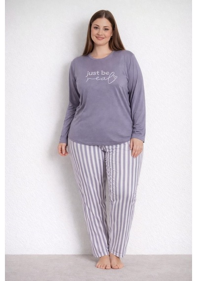 Pemilo Kadın 20155 Büyük Beden Uzun Kol Milan Pijama Takımı Füme