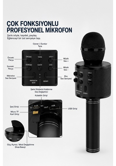Bluetooth Karaoke Mikrofon Kablosuz Hoparlörlü Mikrofon Usb Şarjlı Telefon Uyumlu