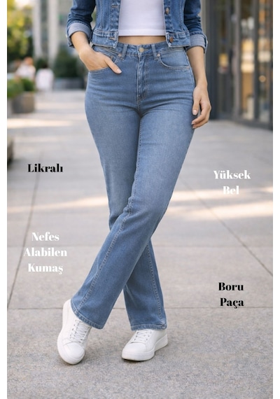 Cedy Denim Kadın Boru Paça Yüksek Bel Regular Fit Likralı Pantolon Açık Mavi Cedy Denim Kadın Boru Paça Yüksek Bel Regular Fit Likralı Pantolon Açık Mavi