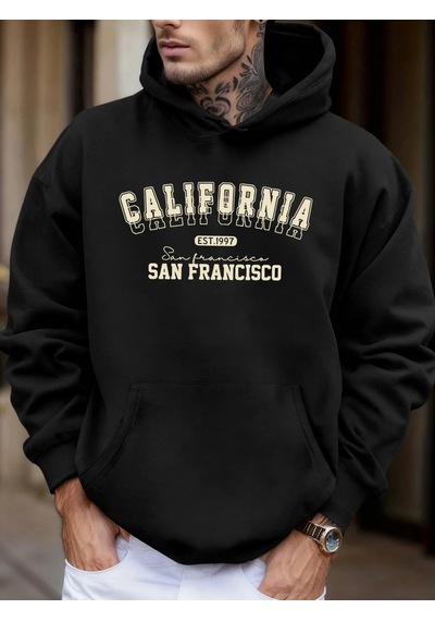 Startmore Tarzsokak California San Francisco Est 1997 Baskılı Yumuşak Bol Kapüşonlu Üstler Polar Sonbahar Spor Gi Siyah