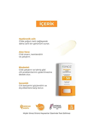 Sinoz Spf50+ Nemlendirici Yüksek Korumalı Şeffaf Stick Güneş Kremi 15 Gr