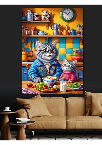 Ahşap Tablo Kedi Aşçı Yemek Yapıyor