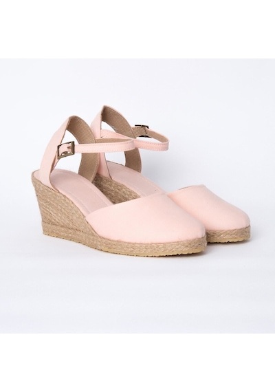 Star Tombis Gerçek Elişi Topuğu Açık Bilekten Bantlı Dolgu Topuk Pembe Keten Hasır Espadril Handmade Pembe