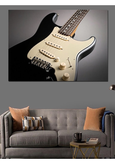 Siyah Elektro Gitar Dekoratif Kanvas - Mdf Ahşap Tablo