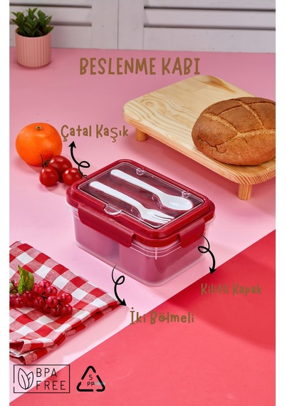 İki Hazneli Çatal-kaşık Bölmeli Kilitli Kapak Beslenme Kabı Ve Yemek Saklama Kutusu - Turuncu Turuncu
