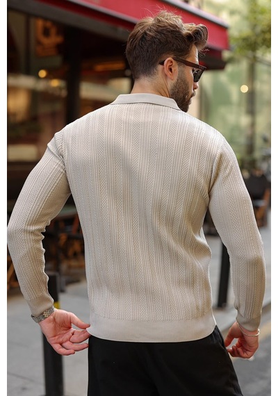 Madmext Taş Rengi Düğmeli Polo Yaka Desenli Over Fit Erkek Triko Kazak E7520