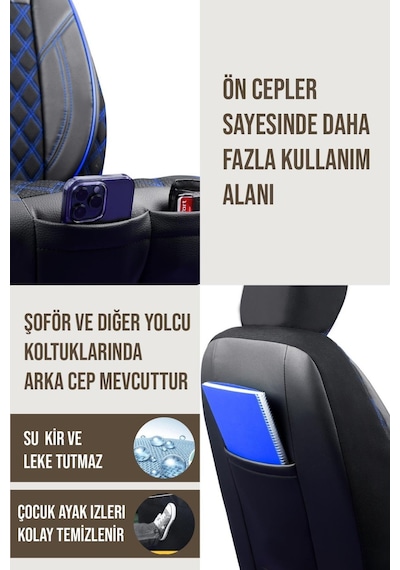 Renault Clio 3 Hatchback Yarı Deri Oto Koltuk Kılıfı Siyah Mavi Petra Serisi