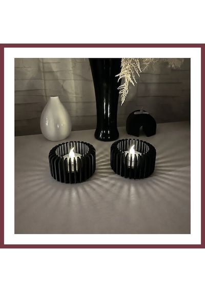 Storeşahin 3d Baskı Modern Çizgili Mumluk - Tealight Mumluk 1 Adet -siyah Shn0720