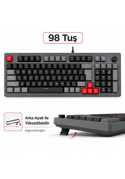 Mekanik Gaming Klavye Türkçe Q Kırmızı Switch 98 Tuş Rainbow Aydınlatmalı Usb Kablolu Oyuncu Klavyesi