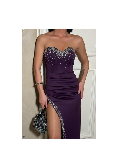 Lior Design Kadın Modern Stil Straplez Balık Kesim Maxi Abiye Elbise Mor
