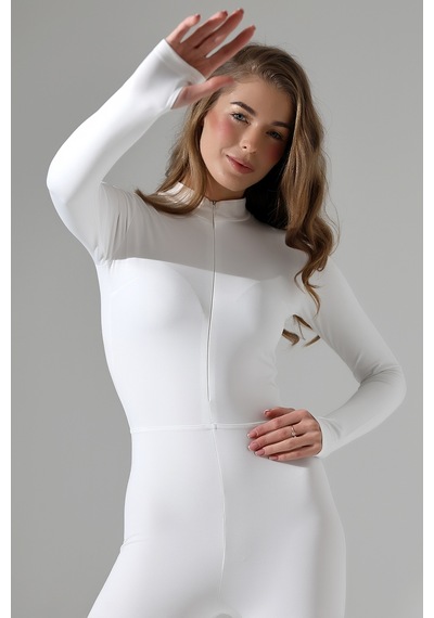 Winmoda34 Kadın Fermuarlı Kışlık Termal Uzun Tulum Parmak Geçirme Detaylı Beyaz