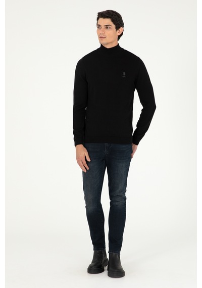 U.S. Polo Assn. Erkek Slim Fit Yarım Boğazlı Siyah Basic Kazak 50288887-VR046