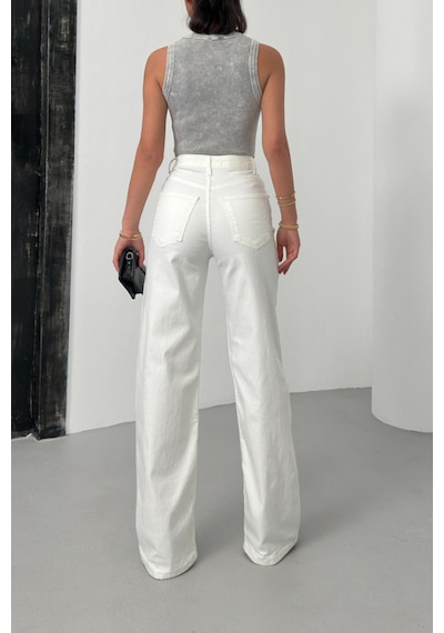 Lacarino 7984 Wide Leg Kadın Jean Pantolon Beyaz Taşlı