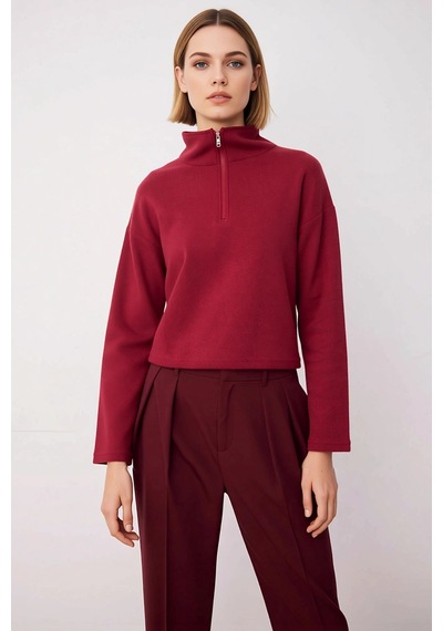 Benerly Kadın Dik Yaka Düşük Kol Fermuarlı Regular Kalıp Örme Sweatshirt Bordo