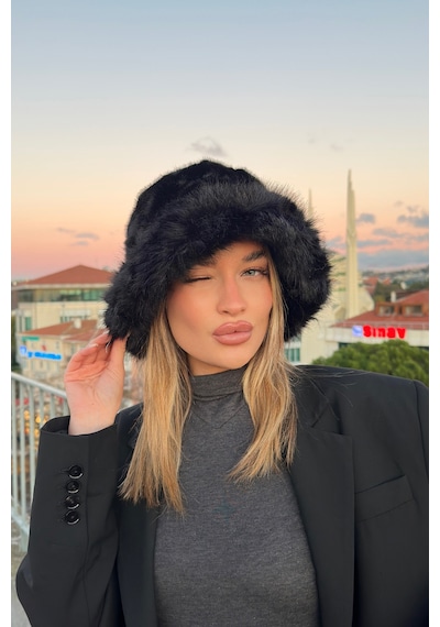 Mollycrush Suni Kürklü Peluş Bucket Kalpak Şapka Luxury Kadın Siyah Rus Slav Tarzı Siyah