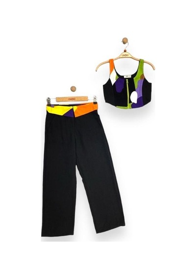 Çikoby Kız Çocuk Bluz Pantolon Desenli Takım-13764 Siyah