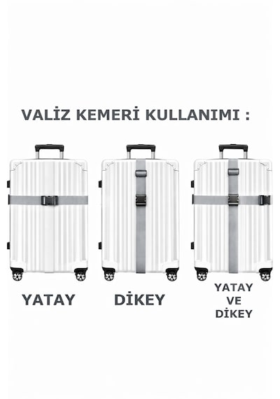 Valiz Kemeri Siyah Ekstra Emniyet Kilitli Tokalı Ayarlanabilir Bavul Kemeri 2 Adet X 200cm Açık Gri
