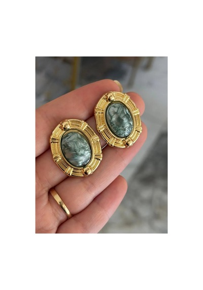 Vintage Model Gold Çerçeveli Sedefli Küpe Altın
