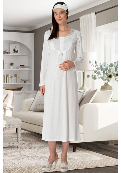 Mecit Pijama Mecit 5355 Bayan Hamile Lohusa Ekru Sabahlık Gecelik Pijama Takım 001