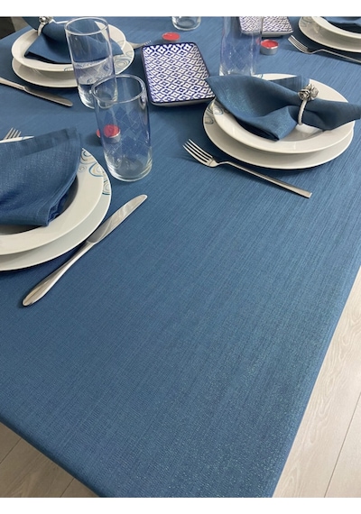 Simli Keten Görünümlü Begonvil Masa Örtüsü Indigo Mavi 13 Parça Set