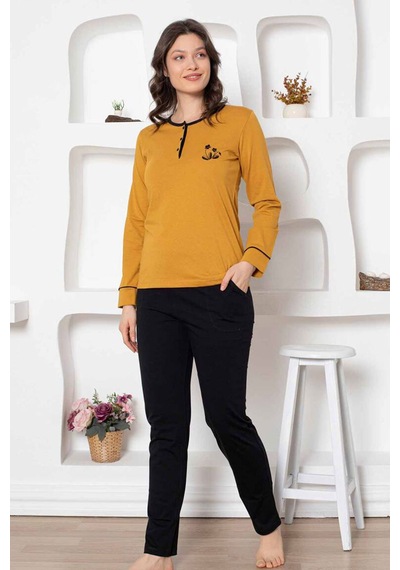 Alimer Kadın Hardal Bisiklet Yaka Uzun Kol Pijama Takım Edy2775h Hardal