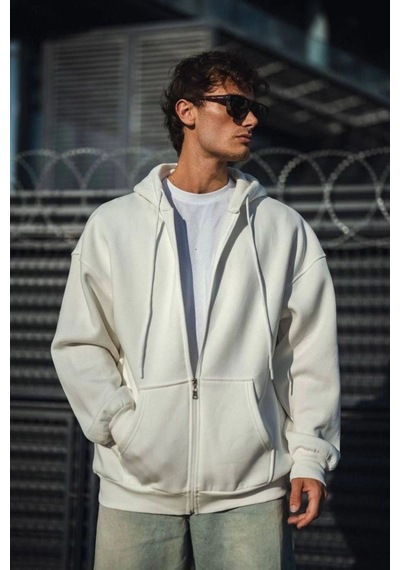 Mbb E-ticaret Erkek Tam Fermuarlı Cepli Kapüşonlu 3 İplik Pamuklu Hoodie Sweatshirt - Beyaz
