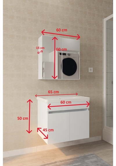 Tokyo 65 Cm Banyo Dolabı Takımı Aynalı Mdf Gövde Seramik Lavabolu