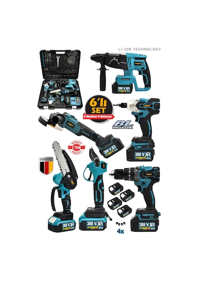 Stilmax STL6900 388VF Şarjlı 6'lı Makine Seti Matkap + Kırıcı Hilti + Taşlama + Somun Sökme + Dal Budama Makinesi