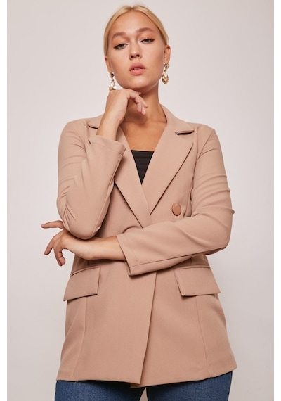 Blazer Düğmeli Uzun Kol Şık Süs Cepli Ofis Ceket-Camel