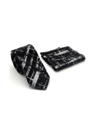 Gaffy Beyaz Desenli Siyah Dokuma Kumaş Mendilli Slim Fit Kravat // Sdk-2601-1 Siyah